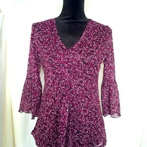 Lightweight Burgundy Black Paisley Tunic top with Bell Sleeves (s)